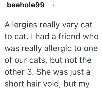 beehole99 Allergies really vary cat to cat. I had a friend who was really allergic to one of our cats, but not the other 3. She was just a short hair void, but my