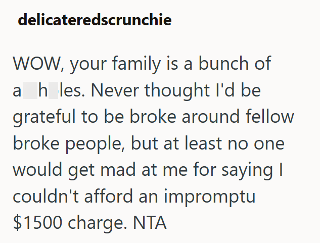 delicateredscrunchie WOW, your family is a bunch of ah_les. Never thought I'd be grateful to be broke around fellow broke people, but at least no one would get mad at me for saying I couldn't afford an impromptu $1500 charge. NTA