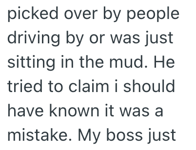 picked over by people driving by or was just sitting in the mud. He tried to claim i should have known it was a mistake. My boss just