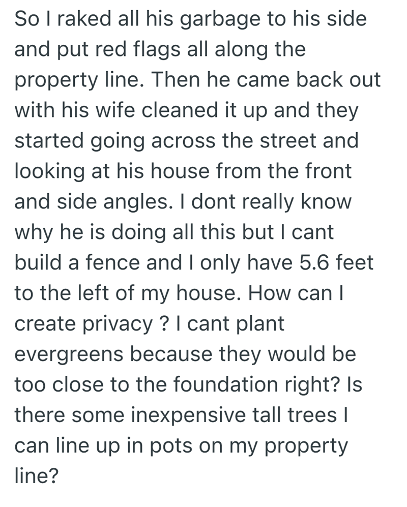 So I raked all his garbage to his side and put red flags all along the property line. Then he came back out with his wife cleaned it up and they started going across the street and looking at his house from the front and side angles. I dont really know why he is doing all this but I cant build a fence and I only have 5.6 feet to the left of my house. How can I create privacy? I cant plant. evergreens because they would be too close to the foundation right? Is there some inexpensive tall trees I
