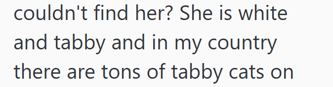 couldn't find her? She is white and tabby and in my country there are tons of tabby cats on