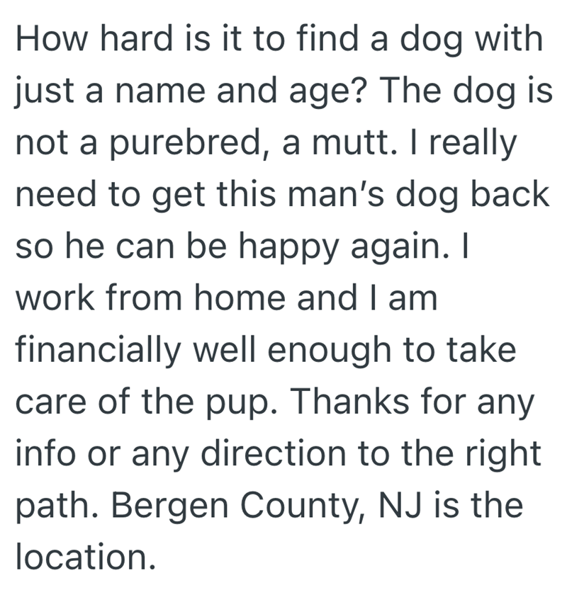 How hard is it to find a dog with just a name and age? The dog is not a purebred, a mutt. I really need to get this man's dog back so he can be happy again. I work from home and I am financially well enough to take care of the pup. Thanks for any info or any direction to the right path. Bergen County, NJ is the location.