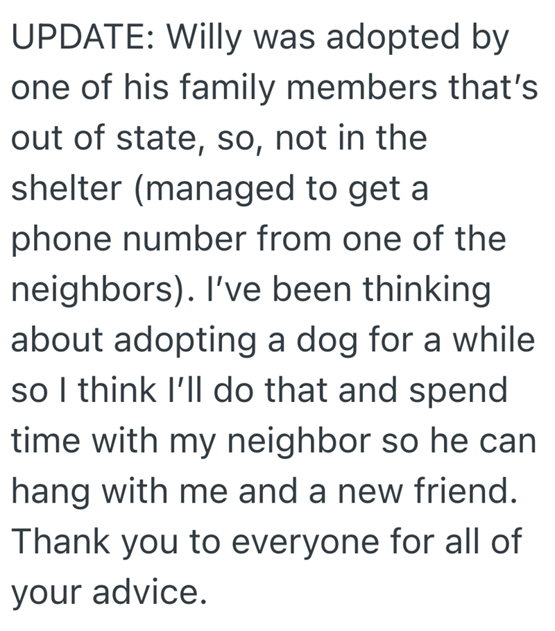 UPDATE: Willy was adopted by one of his family members that's out of state, so, not in the shelter (managed to get a phone number from one of the neighbors). I've been thinking about adopting a dog for a while so I think I'll do that and spend time with my neighbor so he can hang with me and a new friend. Thank you to everyone for all of your advice.