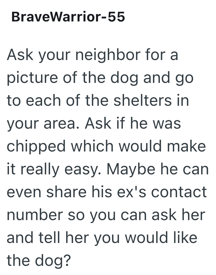 BraveWarrior-55 Ask your neighbor for a picture of the dog and go to each of the shelters in your area. Ask if he was chipped which would make it really easy. Maybe he can even share his ex's contact number so you can ask her and tell her you would like the dog?