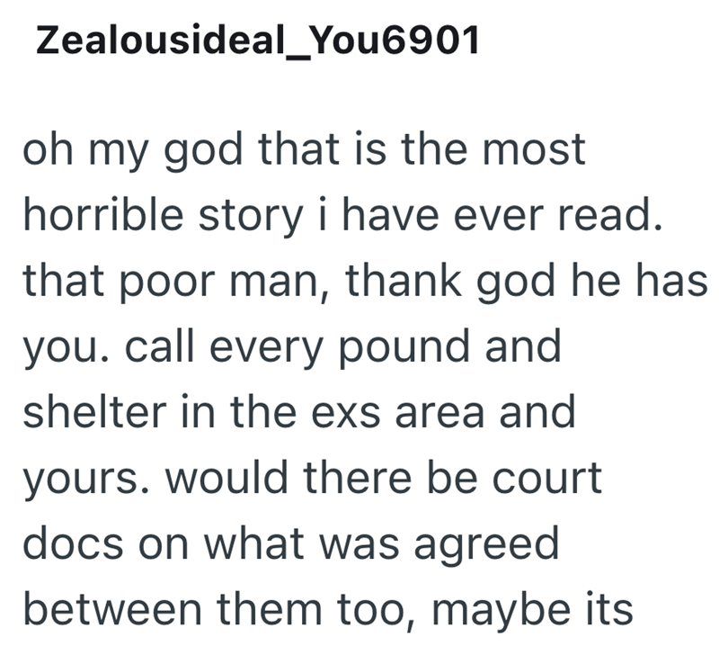 Zealousideal_You6901 oh my god that is the most horrible story i have ever read. that poor man, thank god he has you. call every pound and shelter in the exs area and yours. would there be court docs on what was agreed between them too, maybe its