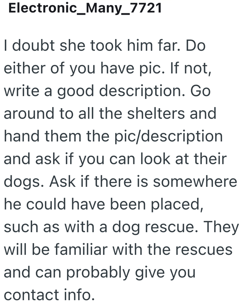 Electronic_Many_7721 I doubt she took him far. Do either of you have pic. If not, write a good description. Go around to all the shelters and hand them the pic/description. and ask if you can look at their dogs. Ask if there is somewhere he could have been placed, such as with a dog rescue. They will be familiar with the rescues and can probably give you contact info.