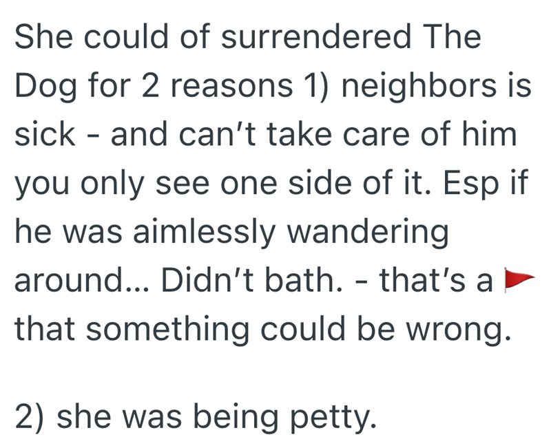 She could of surrendered The Dog for 2 reasons 1) neighbors is sick and can't take care of him - you only see one side of it. Esp if he was aimlessly wandering around... Didn't bath. - that's a ▶ that something could be wrong. 2) she was being petty.
