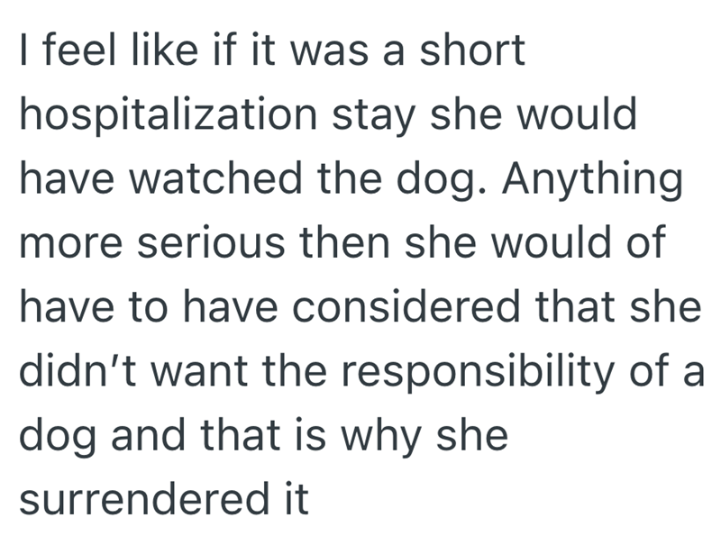 I feel like if it was a short hospitalization stay she would have watched the dog. Anything more serious then she would of have to have considered that she didn't want the responsibility of a dog and that is why she surrendered it