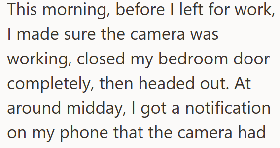 This morning, before I left for work, I made sure the camera was working, closed my bedroom door completely, then headed out. At around midday, I got a notification on my phone that the camera had