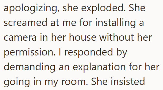 apologizing, she exploded. She screamed at me for installing a camera in her house without her permission. I responded by demanding an explanation for her going in my room. She insisted