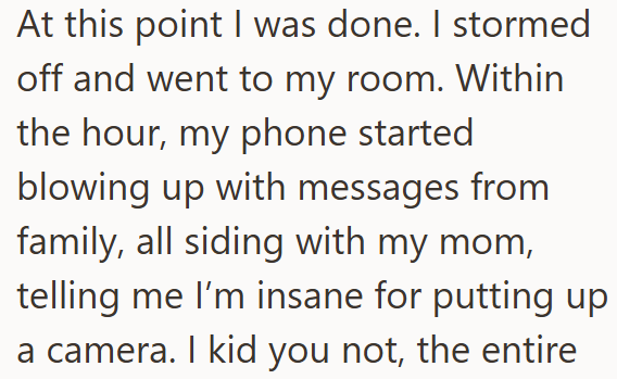 At this point I was done. I stormed off and went to my room. Within the hour, my phone started blowing up with messages from family, all siding with my mom, telling me I'm insane for putting up a camera. I kid you not, the entire