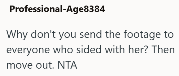 Professional-Age8384 Why don't you send the footage to everyone who sided with her? Then move out. NTA