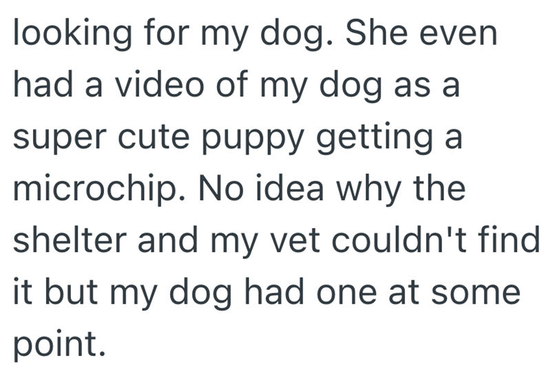 looking for my dog. She even had a video of my dog as a super cute puppy getting a microchip. No idea why the shelter and my vet couldn't find it but my dog had one at some point.