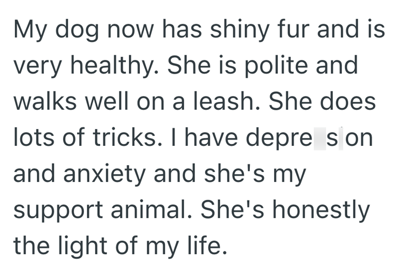 My dog now has shiny fur and is very healthy. She is polite and walks well on a leash. She does lots of tricks. I have depre son and anxiety and she's my support animal. She's honestly the light of my life.