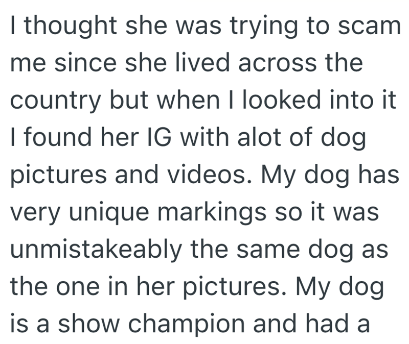I thought she was trying to scam me since she lived across the country but when I looked into it I found her IG with alot of dog pictures and videos. My dog has very unique markings so it was unmistakeably the same dog as the one in her pictures. My dog is a show champion and had a