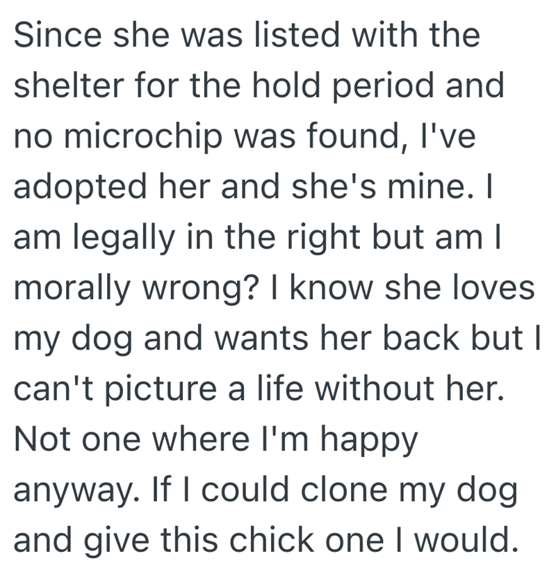 Since she was listed with the shelter for the hold period and no microchip was found, I've adopted her and she's mine. I am legally in the right but am I morally wrong? I know she loves my dog and wants her back but I can't picture a life without her. Not one where I'm happy anyway. If I could clone my dog and give this chick one I would.