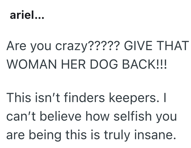 ariel... Are you crazy????? GIVE THAT WOMAN HER DOG BACK!!! This isn't finders keepers. I can't believe how selfish you are being this is truly insane.
