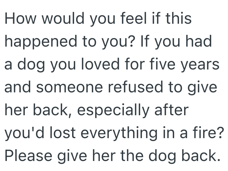 How would you feel if this happened to you? If you had a dog you loved for five years and someone refused to give her back, especially after you'd lost everything in a fire? Please give her the dog back.