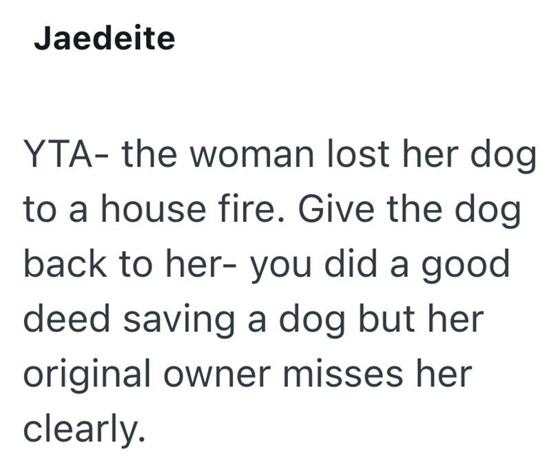 Jaedeite YTA- the woman lost her dog to a house fire. Give the dog back to her- you did a good deed saving a dog but her original owner misses her clearly.