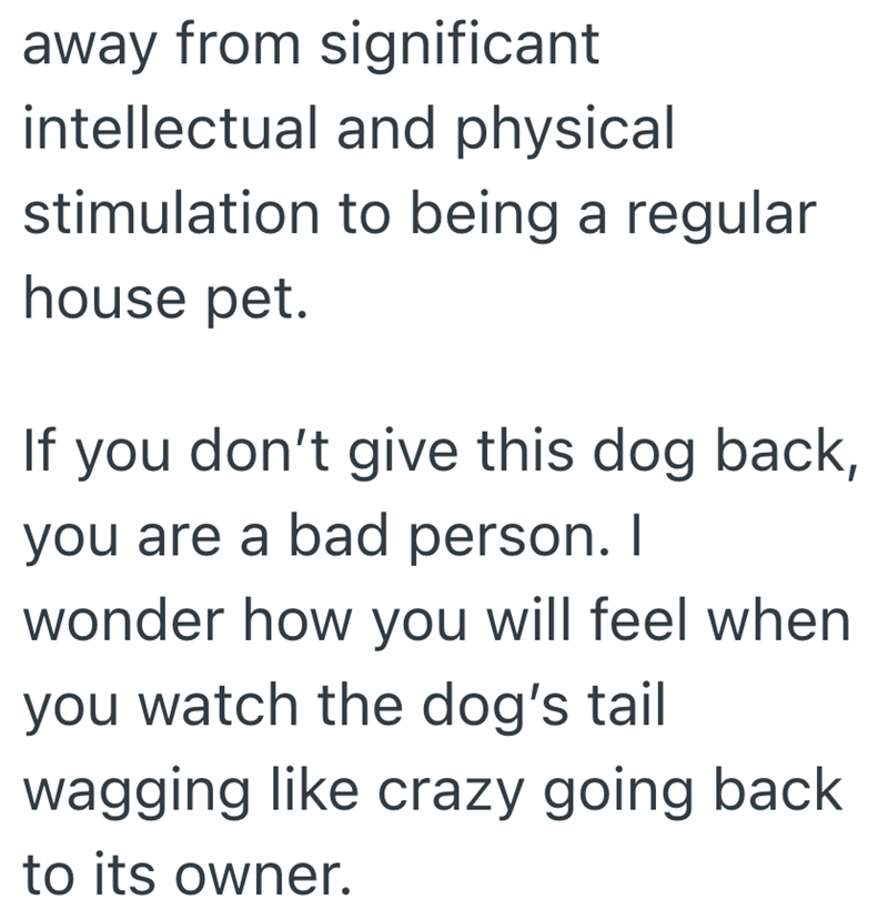 away from significant intellectual and physical stimulation to being a regular house pet. If you don't give this dog back, you are a bad person. I wonder how you will feel when you watch the dog's tail wagging like crazy going back to its owner.