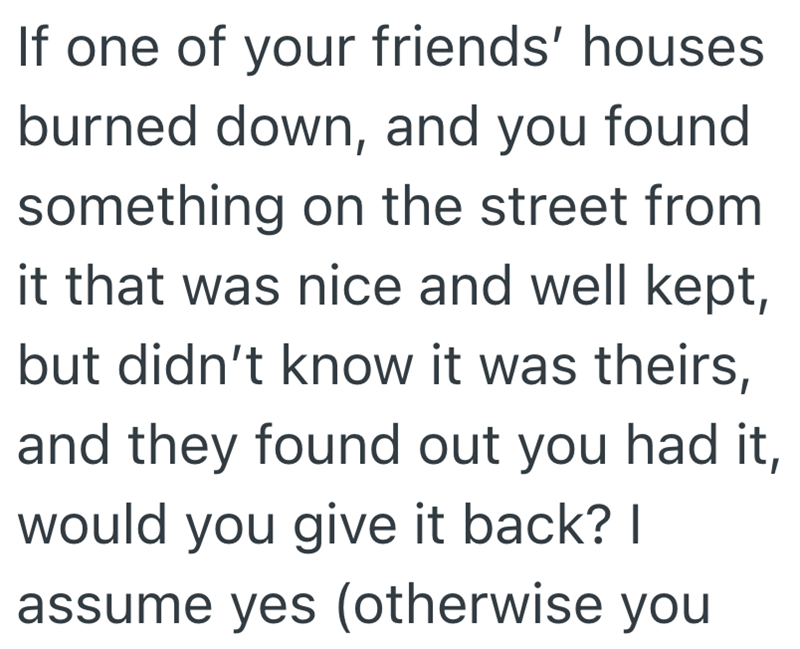 If one of your friends' houses burned down, and you found something on the street from it that was nice and well kept, but didn't know it was theirs, and they found out you had it, would you give it back? I assume yes (otherwise you