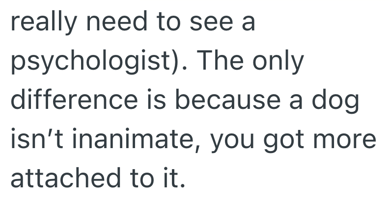 really need to see a psychologist). The only difference is because a dog isn't inanimate, you got more attached to it.