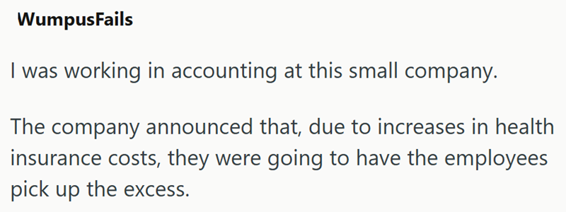 WumpusFails I was working in accounting at this small company. The company announced that, due to increases in health insurance costs, they were going to have the employees pick up the excess.