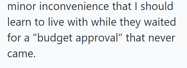 minor inconvenience that I should learn to live with while they waited for a "budget approval" that never came.