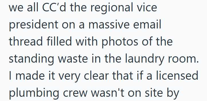 we all CC'd the regional vice president on a massive email thread filled with photos of the standing waste in the laundry room. I made it very clear that if a licensed plumbing crew wasn't on site by