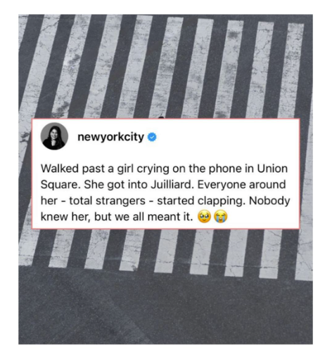 newyorkcity Walked past a girl crying on the phone in Union Square. She got into Juilliard. Everyone around her total strangers - started clapping. Nobody knew her, but we all meant it.