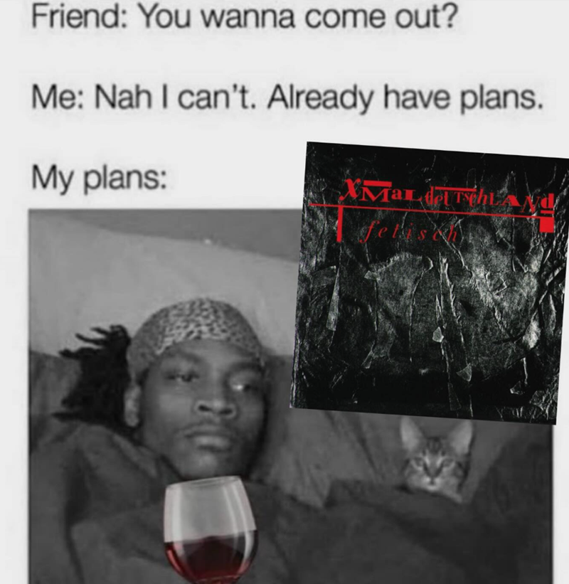 Friend: You wanna come out? Me: Nah I can't. Already have plans. My plans: