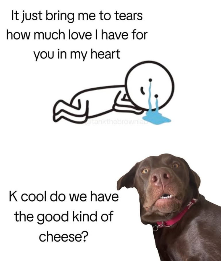 It just bring me to tears how much love I have for you in my heart Otankthebrownla K cool do we have the good kind of cheese?