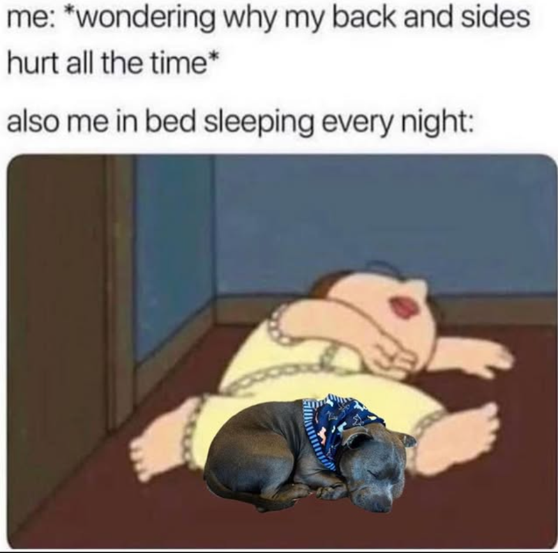 me: *wondering why my back and sides hurt all the time* also me in bed sleeping every night: