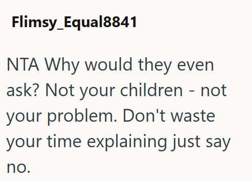 Flimsy_Equal8841 NTA Why would they even ask? Not your children - not your problem. Don't waste your time explaining just say no.