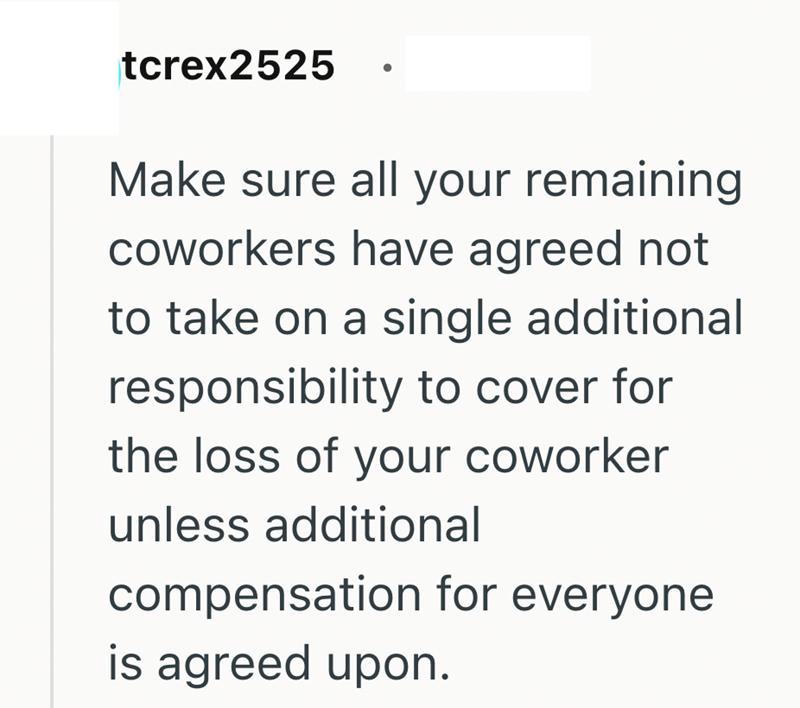 tcrex2525 Make sure all your remaining coworkers have agreed not to take on a single additional responsibility to cover for the loss of your coworker unless additional compensation for everyone is agreed upon.