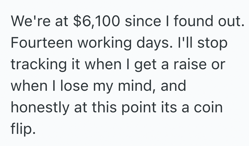 We're at $6,100 since I found out. Fourteen working days. I'll stop tracking it when I get a raise or when I lose my mind, and honestly at this point its a coin flip.