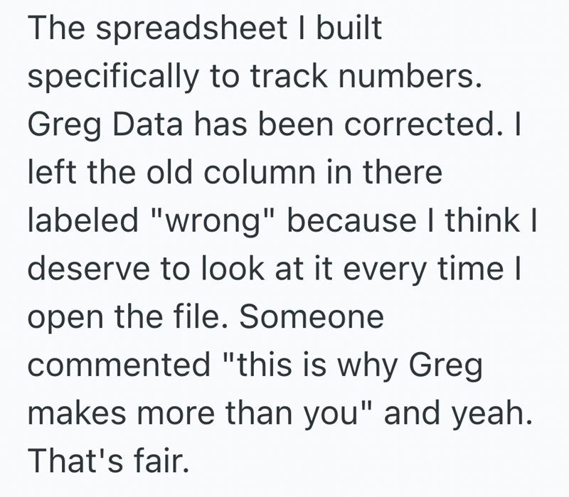 The spreadsheet I built specifically to track numbers. Greg Data has been corrected. I left the old column in there labeled "wrong" because I think I deserve to look at it every time I open the file. Someone commented "this is why Greg makes more than you" and yeah. That's fair.