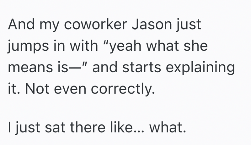 And my coworker Jason just jumps in with "yeah what she means is" and starts explaining it. Not even correctly. I just sat there like... what.