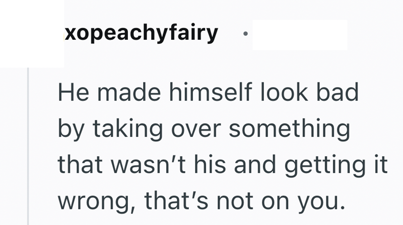 xopeachyfairy He made himself look bad by taking over something that wasn't his and getting it wrong, that's not on you.