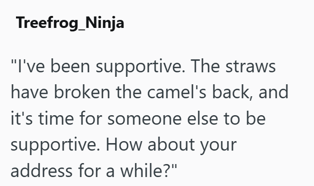 Treefrog_Ninja "I've been supportive. The straws have broken the camel's back, and it's time for someone else to be supportive. How about your address for a while?"