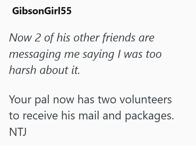 GibsonGirl55 Now 2 of his other friends are messaging me saying I was too harsh about it. Your pal now has two volunteers to receive his mail and packages. NTJ