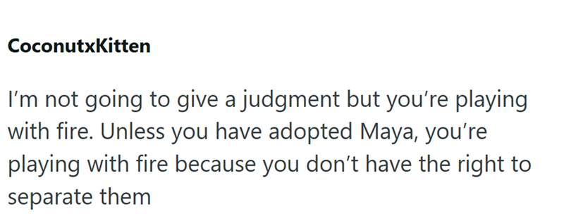 CoconutxKitten I'm not going to give a judgment but you're playing with fire. Unless you have adopted Maya, you're playing with fire because you don't have the right to separate them