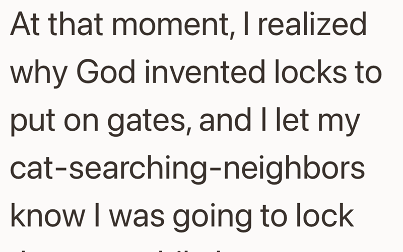 At that moment, I realized why God invented locks to put on gates, and I let my cat-searching-neighbors know I was going to lock