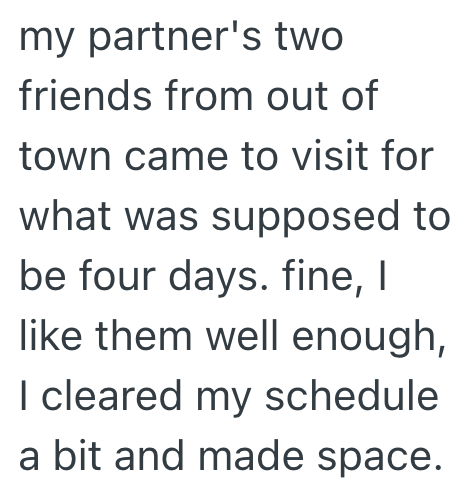 my partner's two friends from out of town came to visit for what was supposed to be four days. fine, I like them well enough, I cleared my schedule a bit and made space.