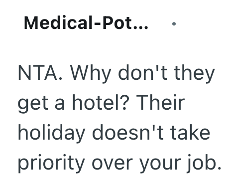 Medical-Pot... NTA. Why don't they get a hotel? Their holiday doesn't take priority over your job.