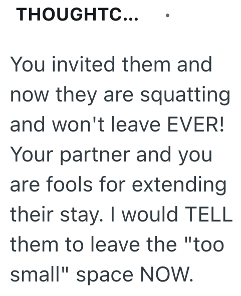 THOUGHTC... You invited them and now they are squatting and won't leave EVER! Your partner and you are fools for extending their stay. I would TELL them to leave the "too small" space NOW.