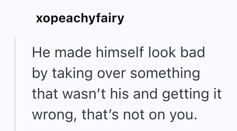xopeachyfairy He made himself look bad by taking over something that wasn't his and getting it wrong, that's not on you.