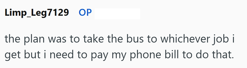 Limp_Leg7129 OP the plan was to take the bus to whichever job i get but i need to pay my phone bill to do that.