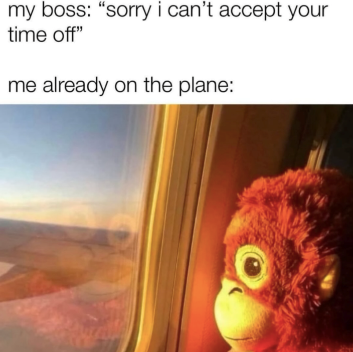 my boss: "sorry i can't accept your time off" me already on the plane: