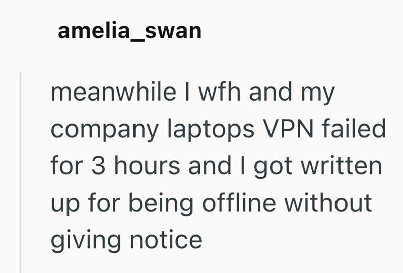 amelia_swan meanwhile I wfh and my company laptops VPN failed for 3 hours and I got written up for being offline without giving notice